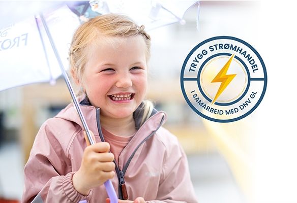 Trygg strømhandel-logo og smilende jente med paraply