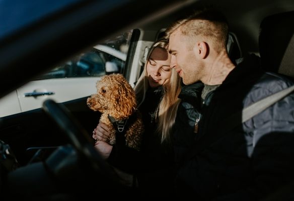 Kvinne, mann og hund i bil
